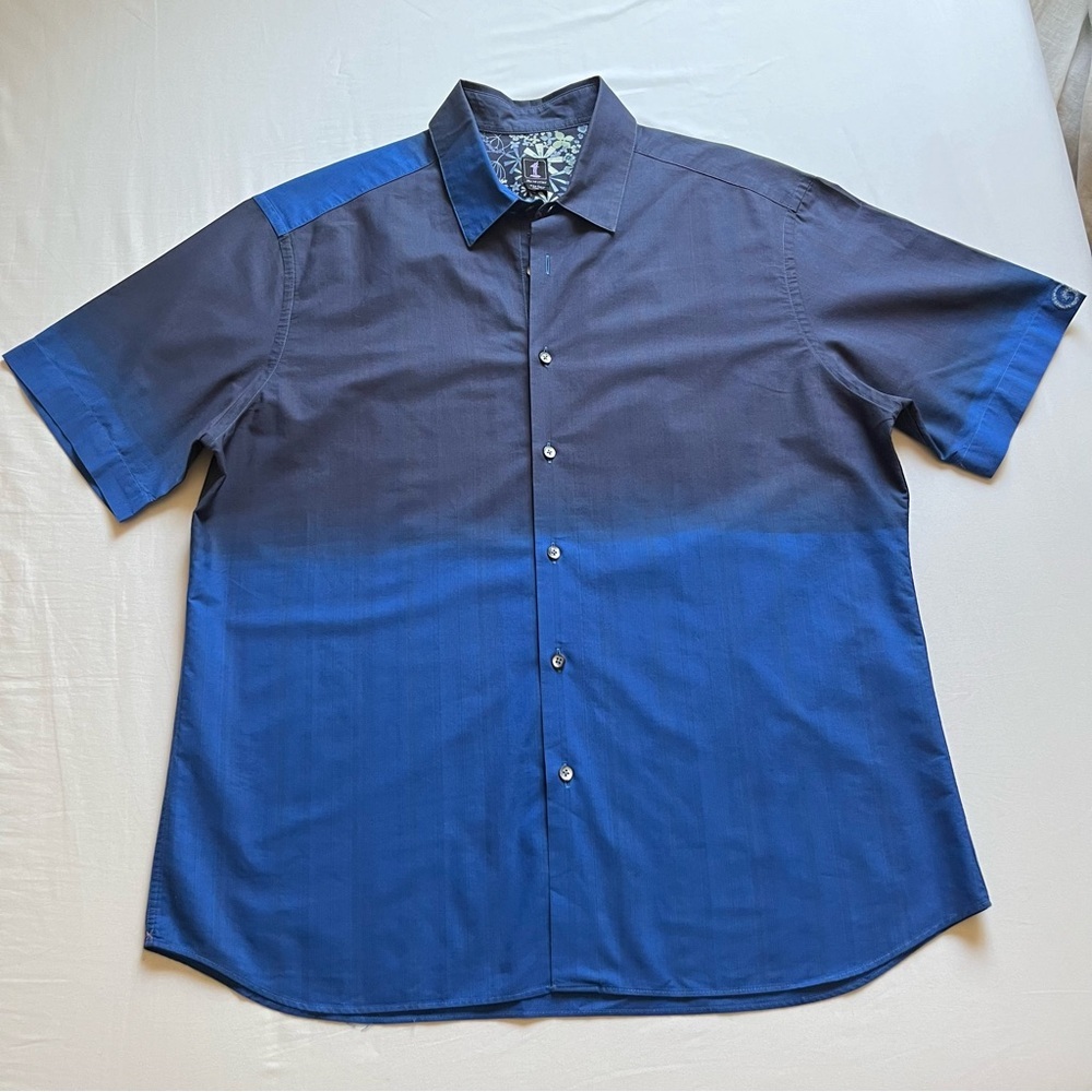 1 LIKE NO OTHER uk mens blue dip dye short sleeve button up boxy shirt